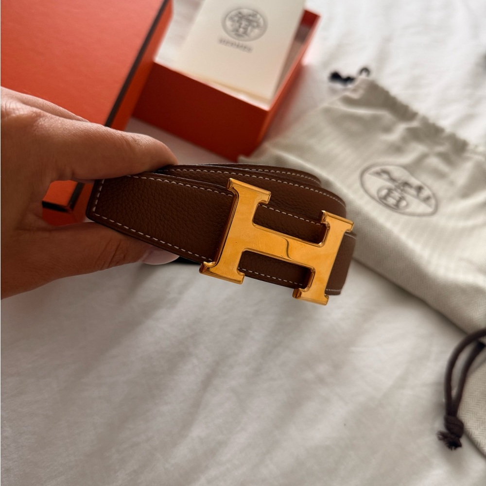 Hermes Tan Leather Belt with Gold H Buckle
